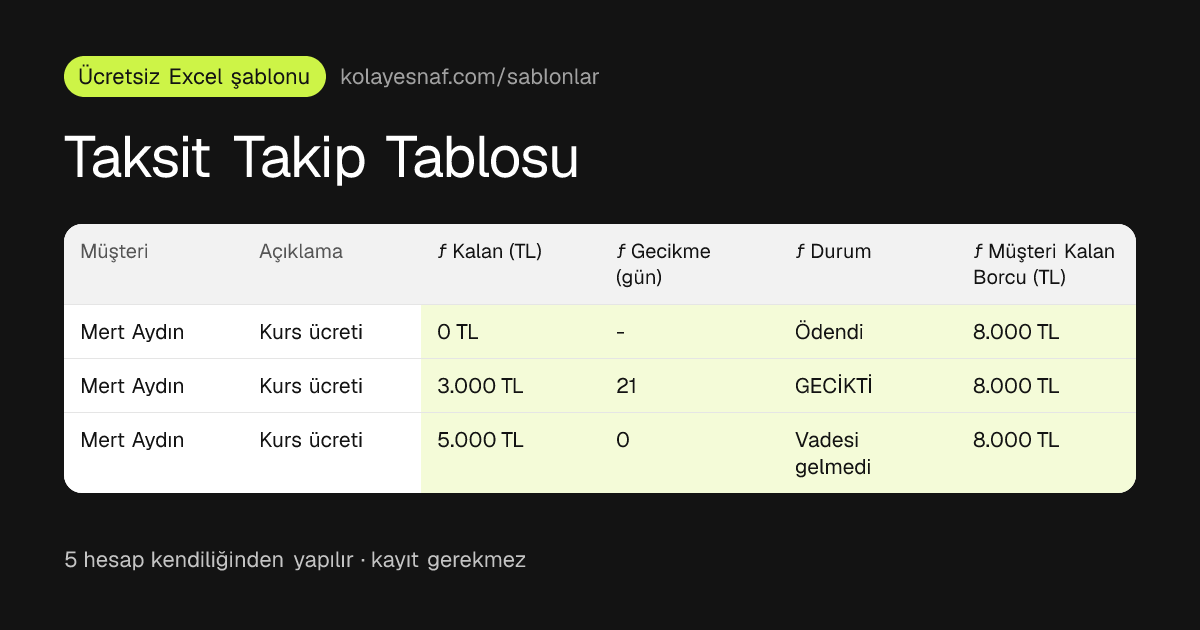 Taksit Takip Tablosu önizlemesi: Taksit bazında kalan tutar, Gecikme günü